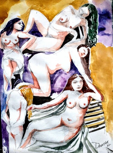Painting titled "Toujours la femme" by Decastro, Original Artwork, Watercolor