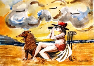 Painting titled "L'espion" by Decastro, Original Artwork, Watercolor