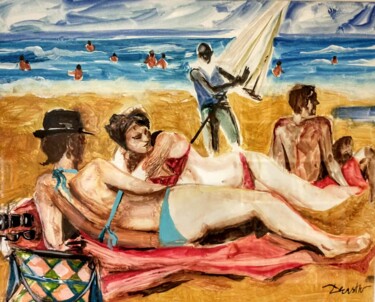 Painting titled "La plage, le soleil" by Decastro, Original Artwork, Acrylic