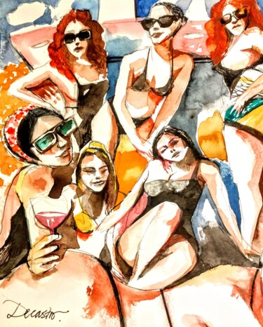 Painting titled "Filles coquines, de…" by Decastro, Original Artwork, Watercolor