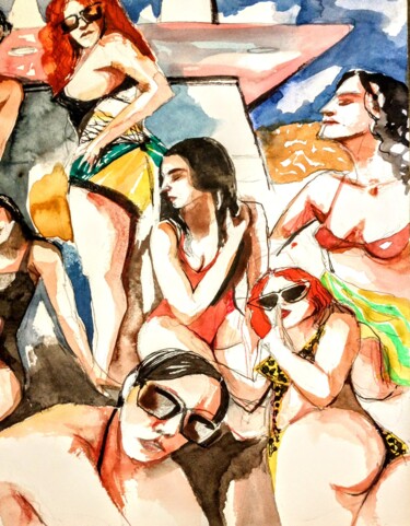 Painting titled "Filles coquines 3" by Decastro, Original Artwork, Watercolor