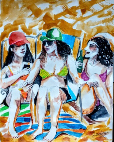 Painting titled "Trois amies" by Decastro, Original Artwork, Watercolor