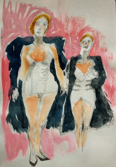 Painting titled "Les deux modèles" by Decastro, Original Artwork, Watercolor