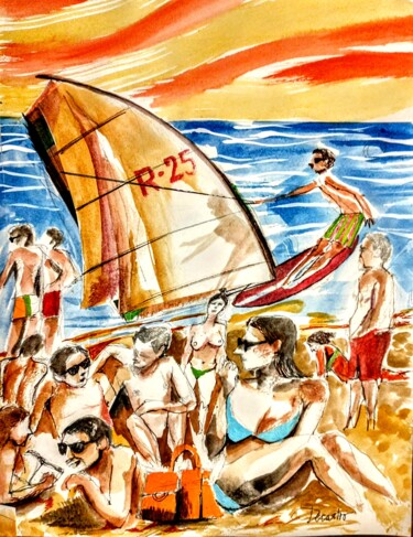 Картина под названием "La plage, l'eau, la…" - Decastro, Подлинное произведение искусства, Акварель