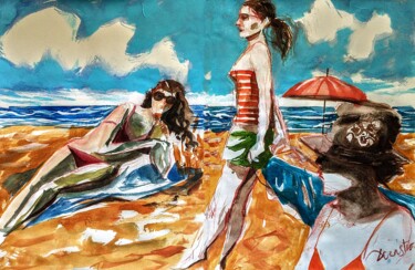 Painting titled "La plage, les fille…" by Decastro, Original Artwork, Acrylic