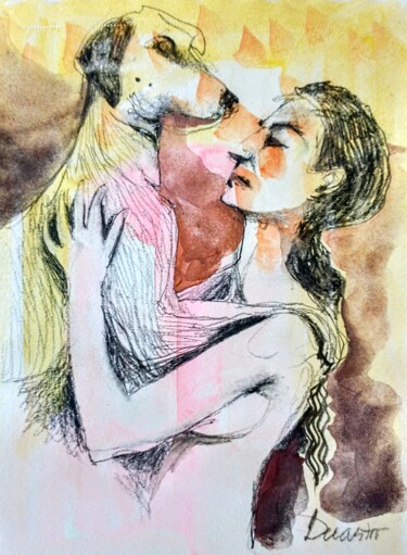 Painting titled "Model and dog" by Decastro, Original Artwork, Watercolor