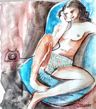Painting titled "Femme au telephone" by Decastro, Original Artwork, Watercolor