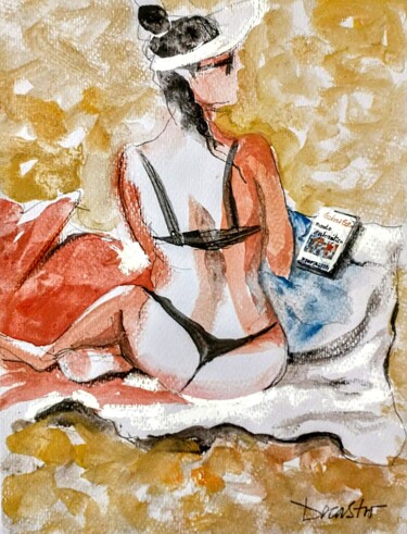 Pintura titulada "Femme dans la plage" por Decastro, Obra de arte original, Acuarela
