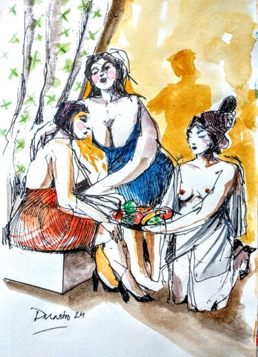 Painting titled "L'esclave" by Decastro, Original Artwork, Watercolor