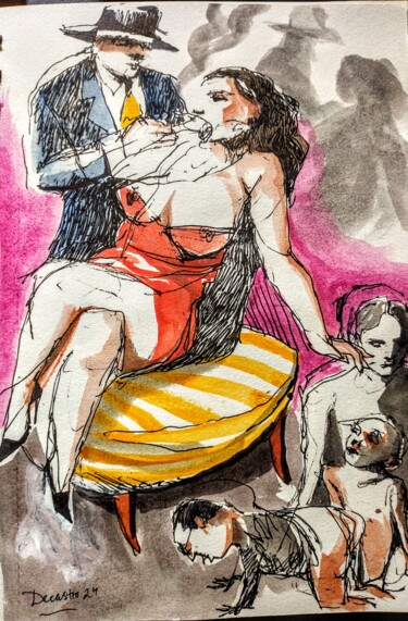 Peinture intitulée "Dame qui fume" par Decastro, Œuvre d'art originale, Aquarelle