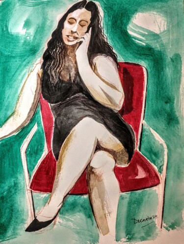Painting titled "La dame sur vert" by Decastro, Original Artwork, Watercolor