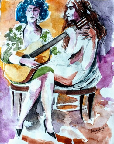 Painting titled "Les guitaristes" by Decastro, Original Artwork, Watercolor