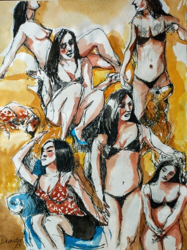 Painting titled "Femmes strictes" by Decastro, Original Artwork, Watercolor