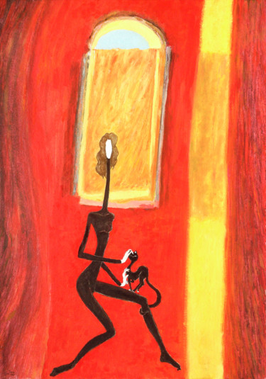 Painting titled "She and her cat aft…" by Carlos Pardo, Original Artwork, Oil