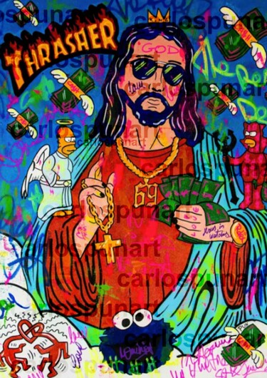 Malerei mit dem Titel "Cool Lord Jesus" von Carlos Pun, Original-Kunstwerk, Acryl