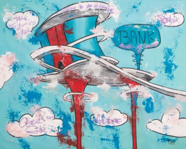 「The Jetsons Bank」というタイトルの絵画 Carlos Punによって, オリジナルのアートワーク, アクリル ウッドストレッチャーフレームにマウント