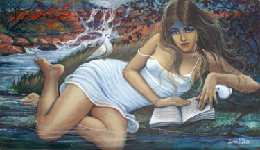 Pintura titulada "Mulher à beira do r…" por Carlos V. Pinto, Obra de arte original, Oleo