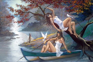 Картина под названием "As duas meninas e o…" - Carlos V. Pinto, Подлинное произведение искусства, Масло