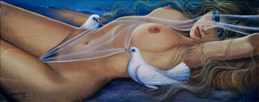 Pittura intitolato "Mulher e duas pombas" da Carlos V. Pinto, Opera d'arte originale, Olio