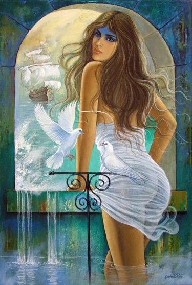 "A moça e a caravela" başlıklı Tablo Carlos V. Pinto tarafından, Orijinal sanat, Petrol
