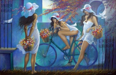 Painting titled "As floristas e a bi…" by Carlos V. Pinto, Original Artwork, Oil