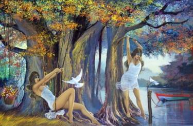 Painting titled "As meninas e o baobá" by Carlos V. Pinto, Original Artwork, Oil