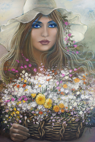 Картина под названием "A Florista e as flo…" - Carlos V. Pinto, Подлинное произведение искусства, Масло