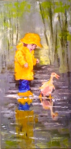 Картина под названием "ENFANT SOUS LA PLUIE" - Carmen Berluti, Подлинное произведение искусства, Акрил Установлен на Деревян…