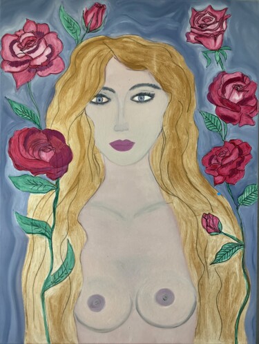 Malerei mit dem Titel "Woman with Roses" von Carmen Coduri, Original-Kunstwerk, Öl Auf Keilrahmen aus Holz montiert