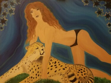Malerei mit dem Titel "Leopard mit Frau" von Carmen Coduri, Original-Kunstwerk, Öl