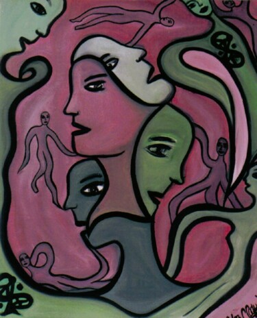 Painting titled "Four Faces" by Carmen Coduri, Original Artwork, Oil Mounted on Wood Stretcher frame