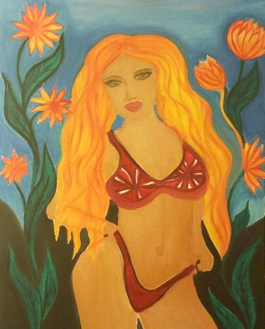 Painting titled "Woman with Flowers" by Carmen Coduri, Original Artwork, Oil