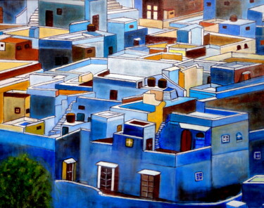 Malerei mit dem Titel "Jodpur - La ciudad…" von Carmen G. Junyent, Original-Kunstwerk, Acryl Auf Holzplatte montiert