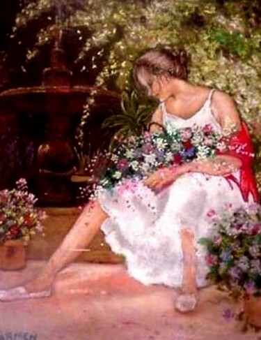 Pintura titulada "Mirando a las flores" por Carmen G. Junyent, Obra de arte original, Pastel