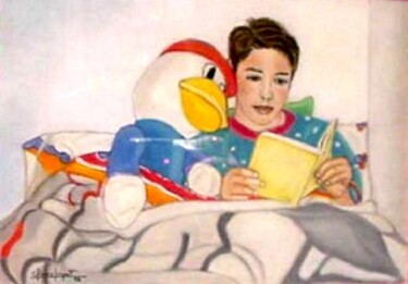 Pintura intitulada "Mario y su pato" por Carmen G. Junyent, Obras de arte originais, Óleo