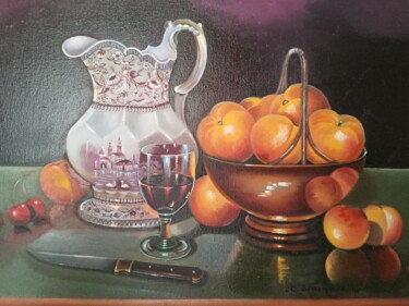 Painting titled "Copita de vino tinto" by Carmen Gimeno Piquer, Original Artwork, Oil