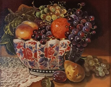Pittura intitolato "Frutas con uva blan…" da Carmen Gimeno Piquer, Opera d'arte originale, Olio
