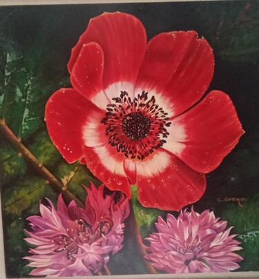 Painting titled "Rosa roja" by Carmen Gimeno Piquer, Original Artwork, Oil Mounted on Wood Stretcher frame
