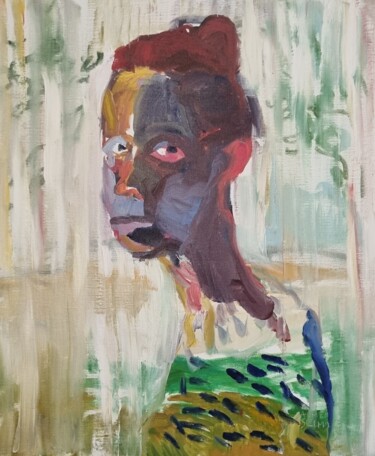 Painting titled "Autoportrait au con…" by Carmen Selma, Original Artwork, Oil Mounted on Wood Stretcher frame