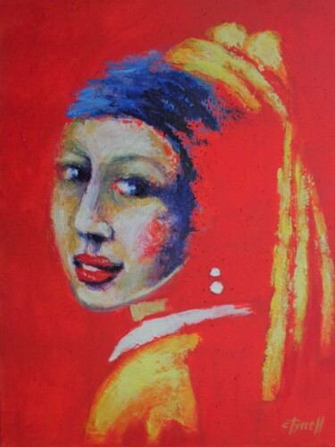 Painting titled "Girl With A Pearl E…" by Carmen Tyrrell, Original Artwork, Acrylic Mounted on Wood Stretcher frame