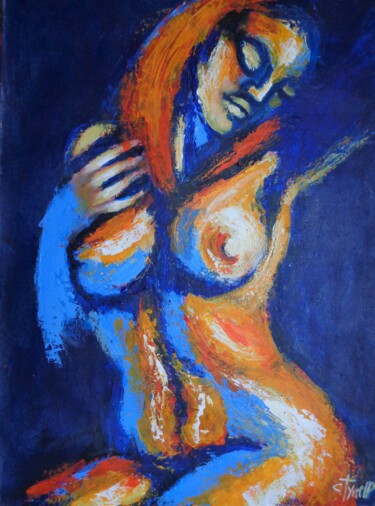 Pintura intitulada "Blue And Orange Rel…" por Carmen Tyrrell, Obras de arte originais, Acrílico