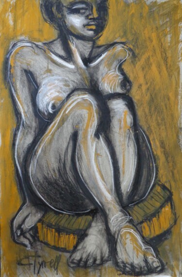 Dibujo titulada "Woman Sitting On Ro…" por Carmen Tyrrell, Obra de arte original, Carbón