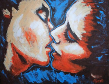 Painting titled "Lovers - Kiss In Or…" by Carmen Tyrrell, Original Artwork, Acrylic Mounted on Wood Stretcher frame
