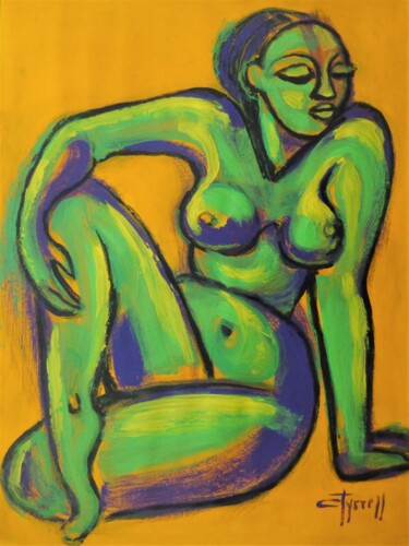 Schilderij getiteld "Yellow And Green Nu…" door Carmen Tyrrell, Origineel Kunstwerk, Acryl