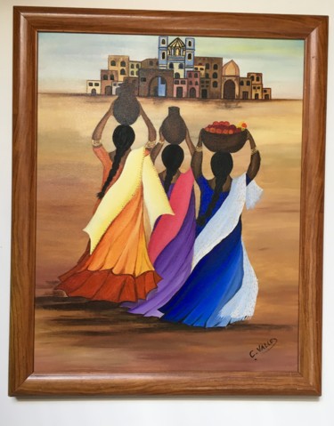 Painting titled "Femmes du village" by Carmen, Original Artwork, Acrylic