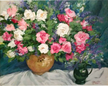 Painting titled "Q29 Rosas y Jarrita…" by Carmen Gutierrez Cueto, Original Artwork, Oil