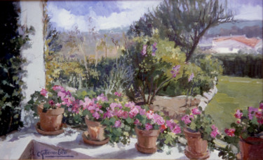 Painting titled "V73 Macetas en flor…" by Carmen Gutierrez Cueto, Original Artwork, Oil