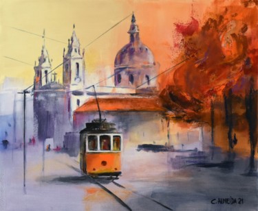 Malerei mit dem Titel "Lisbon Tram by Basí…" von Carmo Almeida, Original-Kunstwerk, Acryl