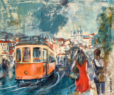 Schilderij getiteld "Lisbon tram by Port…" door Carmo Almeida, Origineel Kunstwerk, Acryl