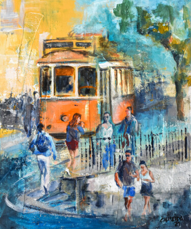 Malerei mit dem Titel "Lisbon tram by Alfa…" von Carmo Almeida, Original-Kunstwerk, Acryl